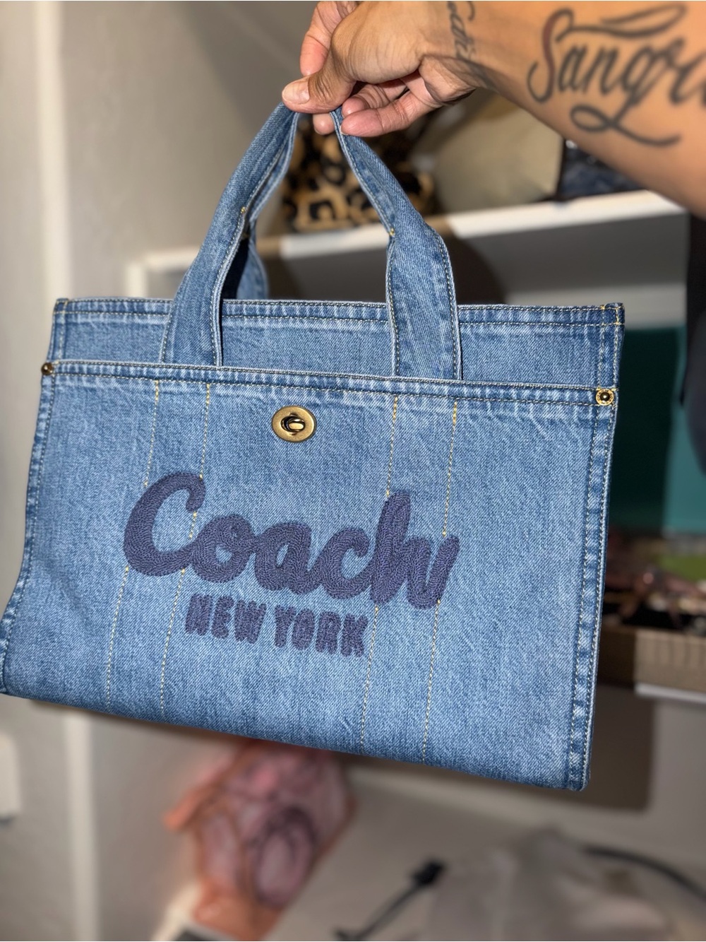 Coach Standard Cargo Denim Turnlock New York Denim Tote Bag.